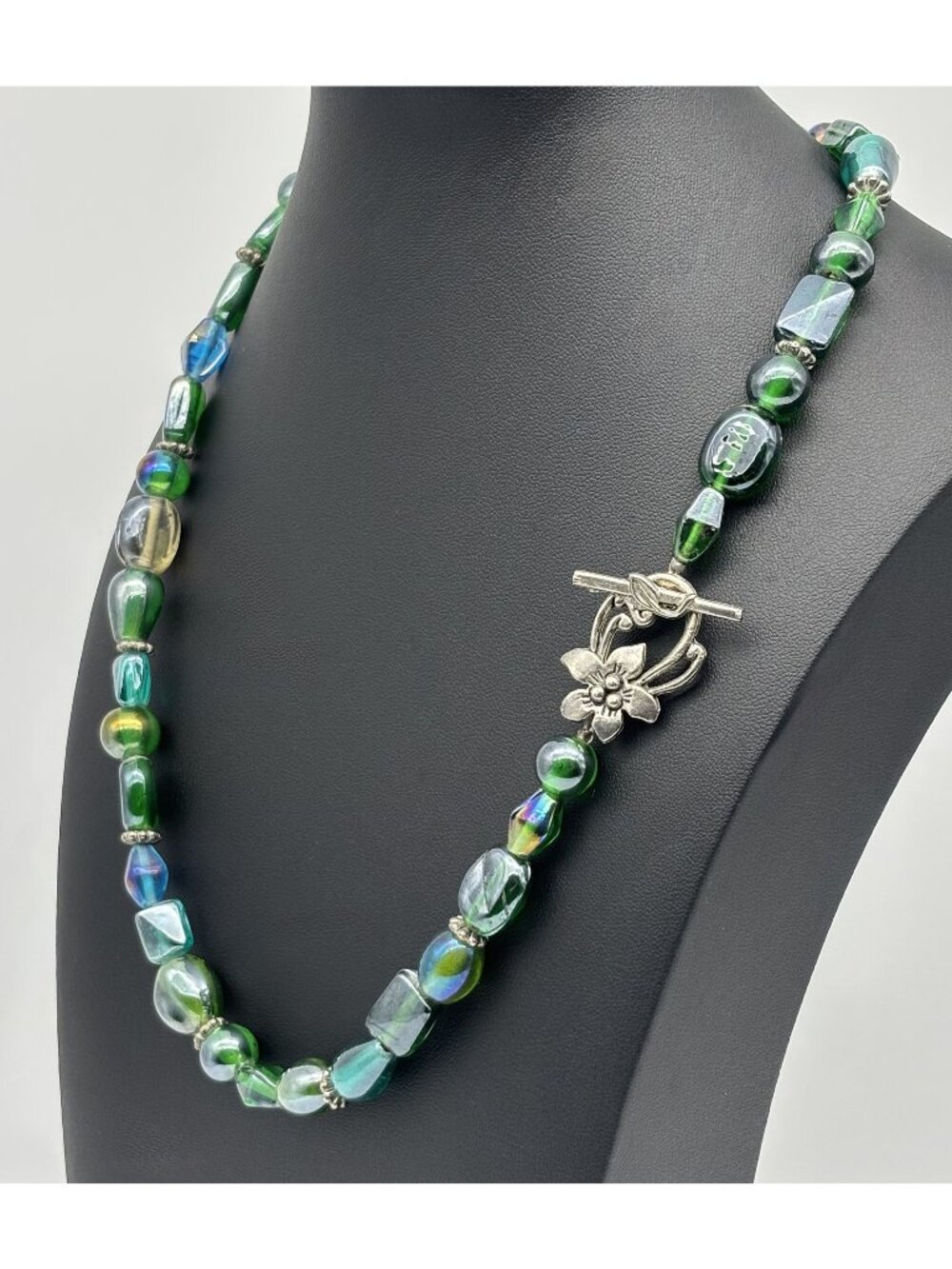 Artisan Crafted Iridescent Green Blue Glass Beaded Necklace Decorative Toggle